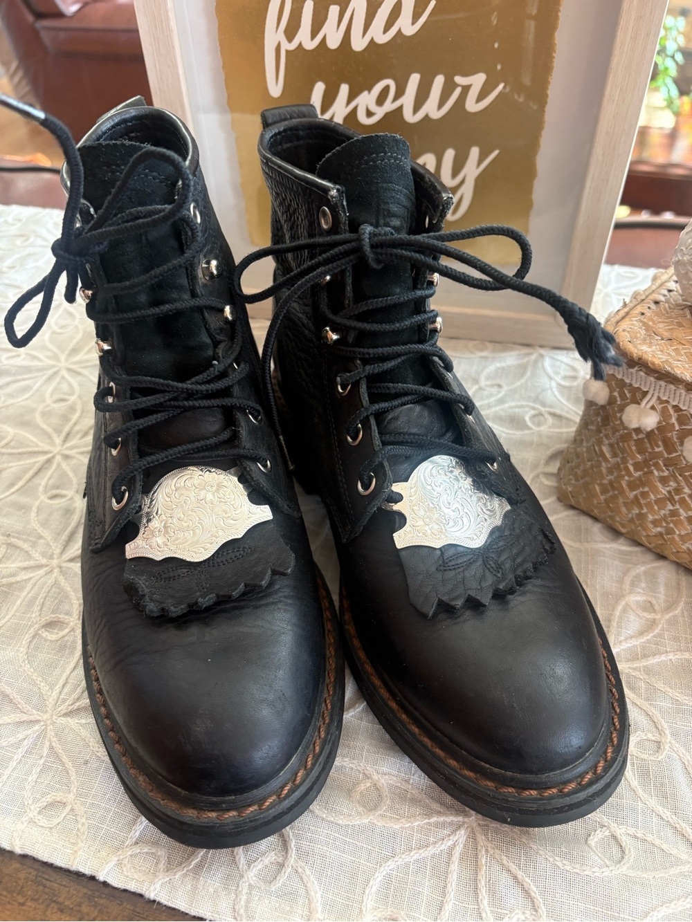 Ariat Black Leather Western Roper Ankle Boots Silver Conchos 7B